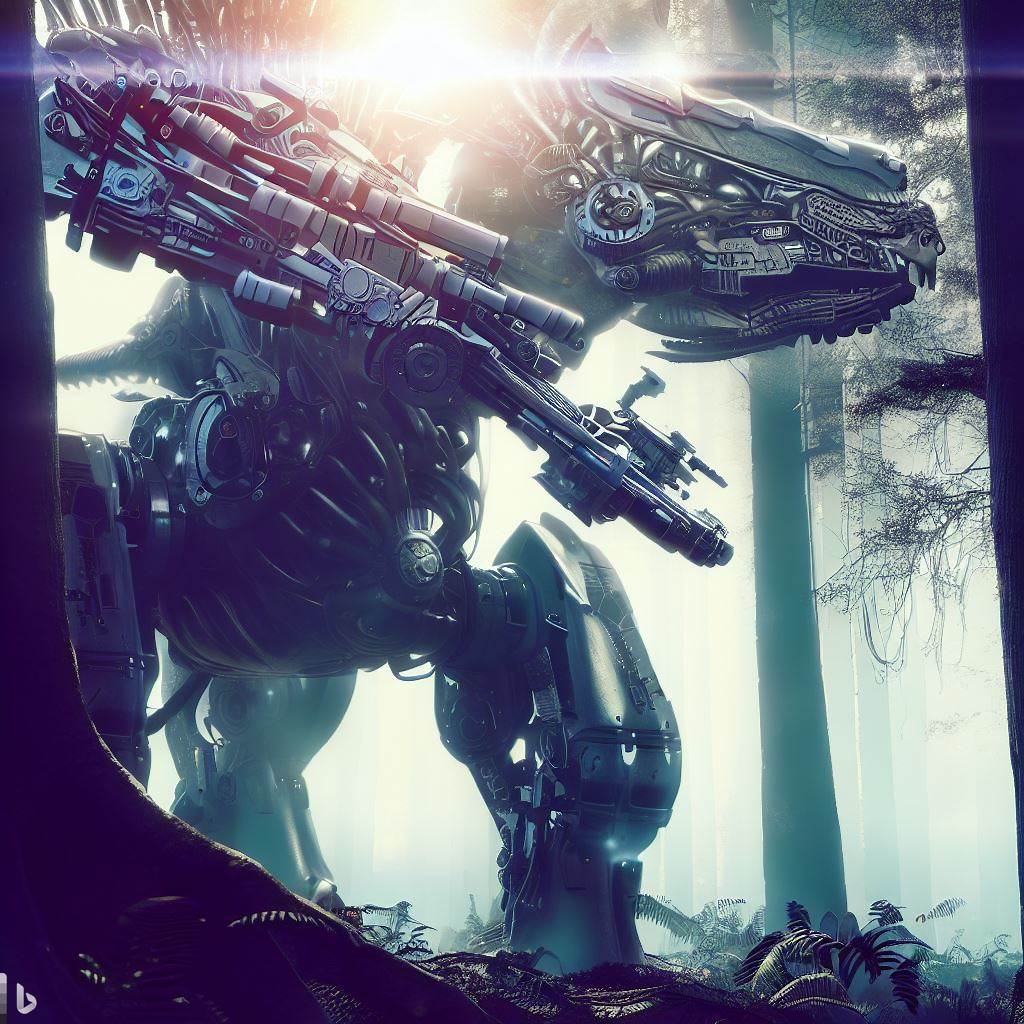 future mech dinosaur with guns in tall forest, wildlife in foreground, lens flare, realistic h.r. giger style 8.jpg